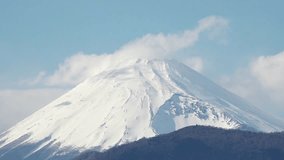 SHIZUOKA, JAPAN - MARCH 2024 : Close up time lapse shot of Mount Fuji with snow on top. Tallest Mountain in Japan. Shot in spring season, sunny daytime. Japanese nature concept video.