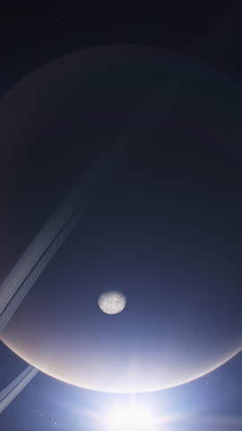 Cinematic 3D animation of Saturn and its moon Mimas or Titan in outer space. Mysterious Saturn rings. Sun, stars and galaxies on background. Solar system planet. Universe exploration. Vertical shot