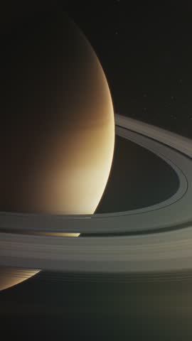 Realistic 3D graphics of sunlit Saturn and its moon Mimas, Dione or Titan in dark outer space. Mysterious Saturn rings. Stars and galaxies on background. Solar system planet. Vertical shot