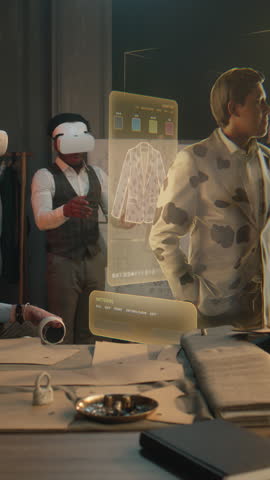 Tailor and male African American customer in VR headsets in atelier. 3D hologram of suit pattern. Virtual interface menu of software for designing and modeling garment. Vertical shot