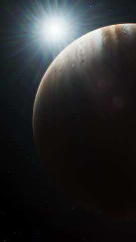 Realistic 3D animation of Jupiter and its moon Io, Europa, Ganymede or Callisto rotating in dark outer space. Sun, stars and galaxies on background. Solar system planet. Vertical shot