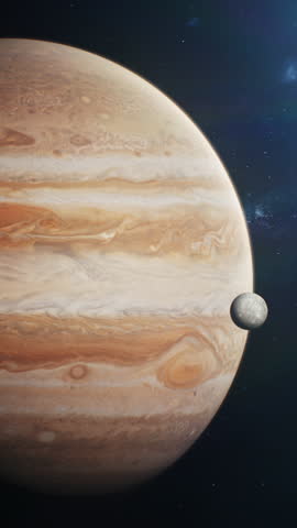 Cinematic 3D graphics of Jupiter and its moon Io, Europa, Ganymede or Callisto spinning in dark outer space under sun rays. Stars and galaxies on background. Solar system planet. Vertical shot