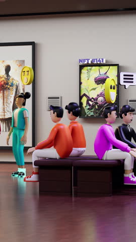 3D render of futuristic virtual museum. Avatar appears in art gallery. People as avatars watch NFT pictures online. Concept of modern metaverse technologies. Vertical shot Royalty-Free Stock Footage #3484631549