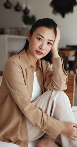Vertical portrait of happy Chinese female looks at camera. Dreamy Asian woman enjoy pleasant calm pastime in own new modern apartment, sitting on modern couch in fashionable living room staring aside Royalty-Free Stock Footage #3484635231