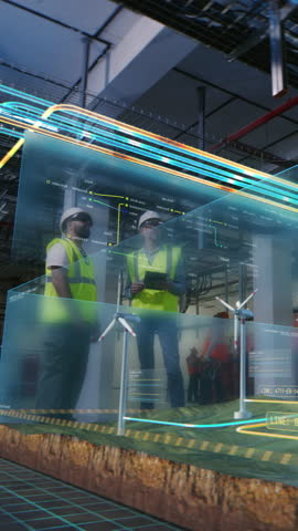 Two male workers in VR headsets on electrical distribution station. 3D render of virtual wind farm power plant and electricity schemes. Vertical shot Royalty-Free Stock Footage #3484637067