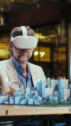 Male engineer uses VR headset and wireless controllers, creates architectural project of the city in virtual reality. Man works in modern hi-tech company. 3D hologram. Vertical shot Royalty-Free Stock Footage #3484644969
