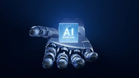 Metal Hand of Humanoid Robot Appearing and Offering Innovative and Advanced AI Accelerated Chip. Humanoid Robot Hand with Glowing Futuristic Processor. Cooperation with Artificial Intelligence - Powered by Shutterstock - Get 15% off with code: PIKWIZARD15