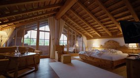 Cozy bedroom with a woman still sleeping in the morning. Holiday home with wooden furniture. Eco concept hotel room in forest. - Powered by Shutterstock - Get 15% off with code: PIKWIZARD15