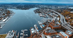 American urban drone view downtown. Aerial Seattle city landscapes.