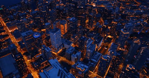 Nightlife drone motion with buildings. United States night Seattle city aerial view.の動画素材