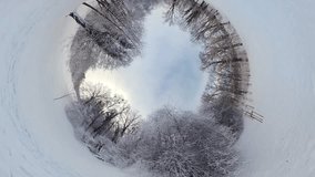 Embark on a captivating journey through a serene winter forest in this 360-degree video. The immersive footage, captured with a fisheye lens, offers a unique perspective as if youre right there. The