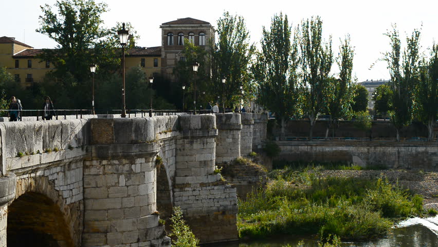 Bridge over the river and Monastery Hospital of San Marcos, today National Hotel Parador. Leon, Spain, Europe. Camino de Santiao.