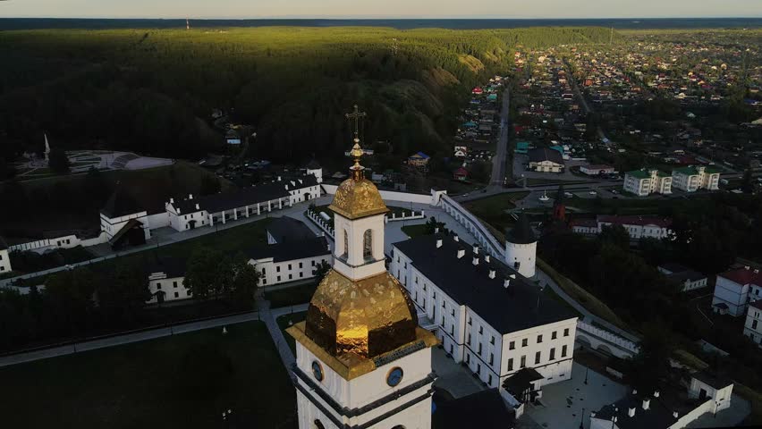 Aerial: Architectural and historical complex located on the high bank of the Irtysh River