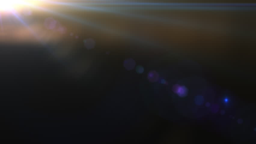 Abstract  flicker gold blue optical lens flares light rotation animation on top left black background for screen project overlay. 4K seamless loop dynamic kinetic bright star light rays effect. 