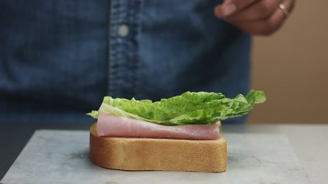 closeup of man's hand making sandwich, puts from sides all ingredients on plate