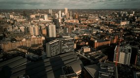 Aerial drone footage of Leeds, UK City Centre, River Aire and canal.