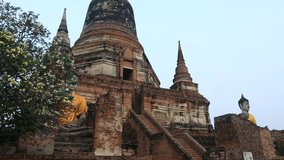 Natural video background of a religious tourist attraction in Thailand's Ayutthaya. Wat Yai Chai Mongkhon has ancient trees and Buddha statues that are worth preserving and studying their history.