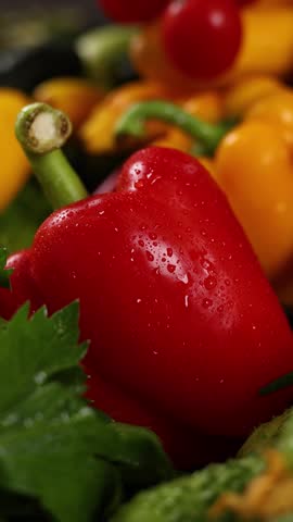 Fresh, washed vegetables on a tray - peppers, cucumber, tomatoes, parsley.