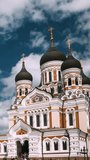 Tallinn, Estonia. Alexander Nevsky Cathedral. Famous Orthodox Cathedral. Vertical Footage Video Popular Landmark And Destination Scenic. UNESCO World Heritage Site.