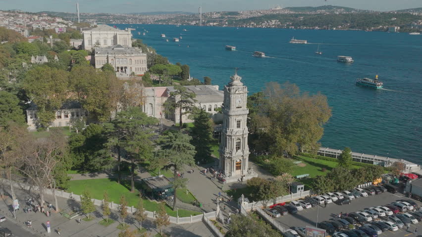 Istanbul Dolmabahce watch tower, aerial footage, jk01