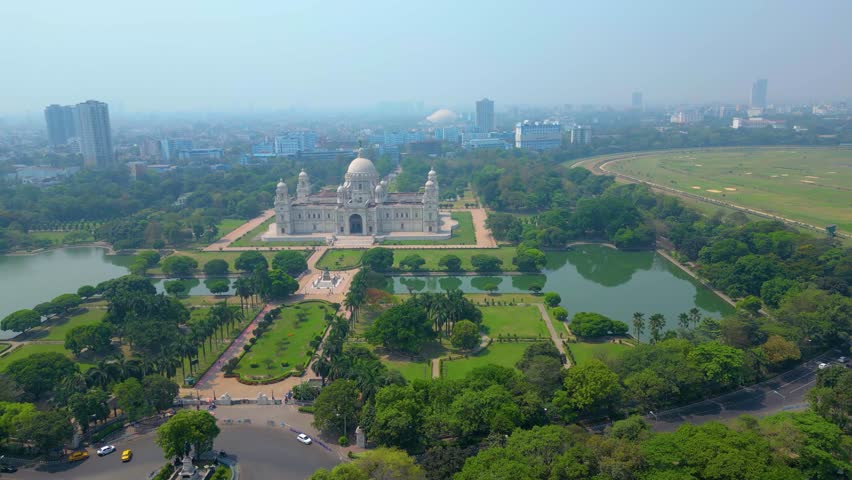 Aerial view of Victoria Memorial is a large marble monument on the Maidan in Central Kolkata	
