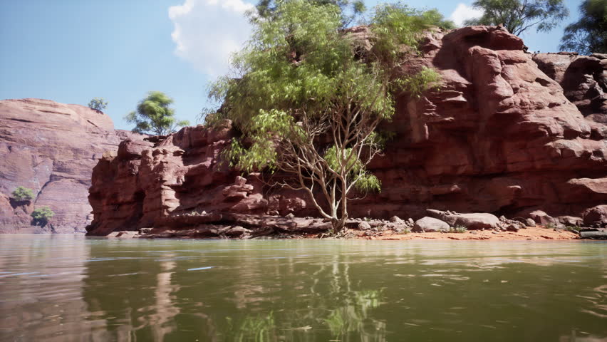 landscape with red sandstone rock and river Royalty-Free Stock Footage #3485410913