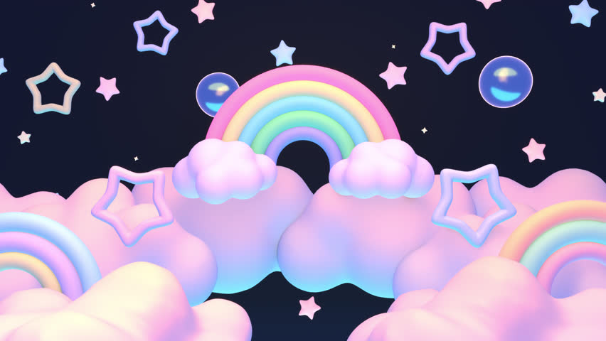 Looped cartoon night sky with rainbows, stars, bubbles, and clouds animation. Royalty-Free Stock Footage #3485476335