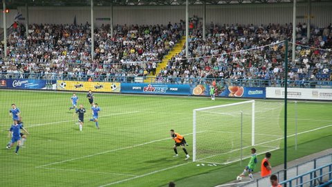 SEVASTOPOL, UKRAINE - MAY 15: Goal is scored at soccer match between Sevastopol and Lviv on May 15, 2012 in Sevastopol, Crimea, Ukraine.