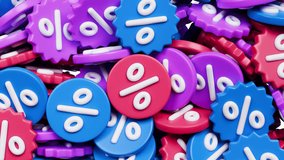 Shopping price tag buttons falling down. 3d render realistic animation. Percent sign icon, discount for online store. shopping, black friday concept. special offer, promotion, marketing, sale. - Powered by Shutterstock - Get 15% off with code: PIKWIZARD15