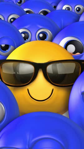 Vertical Stand Out in a Crowd Happy Emoji 4K Loop features a single yellow emoji wearing sunglasses and smiling in a crowd of blue emojis with expressions ranging from angry to sad in a vertical ratio