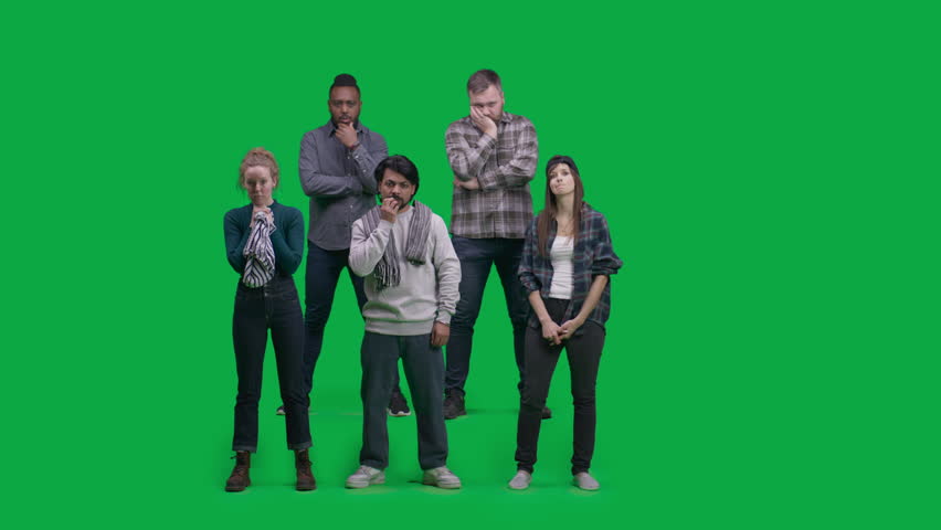 Chroma key. Group of multiethnic people or friends support football team playing in world league. Supportive sports fans stand and discuss game while watching soccer match on stadium or in sport pub.