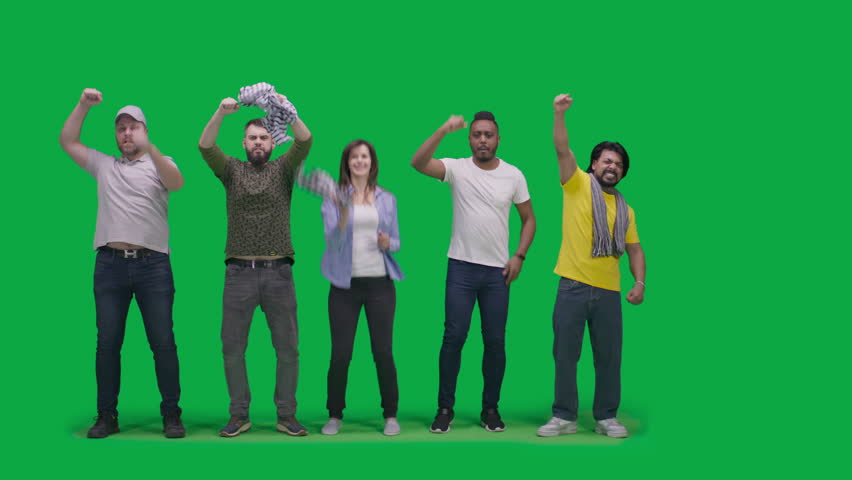 Green screen. Group of diverse people or friends support soccer team playing in championship. Supportive sports fans stand and discuss game while watching football match on stadium or in sport pub.