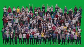 Huge crowd of supportive sports fans gesticulate and shout watching football match on stadium. Group of diverse people cheering for soccer team playing in tournament. Green screen. Alpha channel. - Powered by Shutterstock - Get 15% off with code: PIKWIZARD15