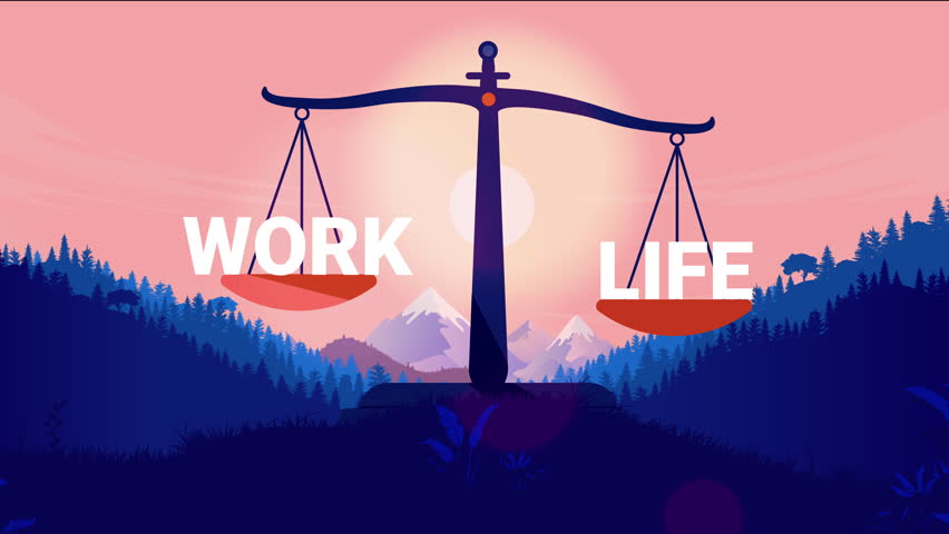 Work-life balance animation - Weight scale with the words work and life balancing comparing and showing choice and perfect harmony in morning sun landscape, inspirational animated flat vector design