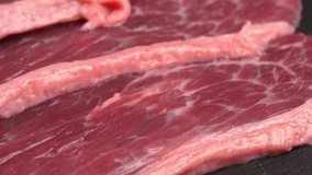 Fine Raw Beef and Tender Veal Macro View. Promoting Meat Offerings, Suitable for Butcheries, Retail Stores, and Culinary Gatherings. Flank Cut for Mincing