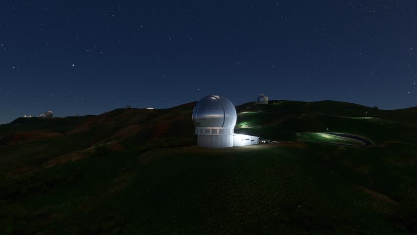 3D - Night aerial view of the Roque de Los Muchachos Astrophysical Observatory on La Palma. Spain