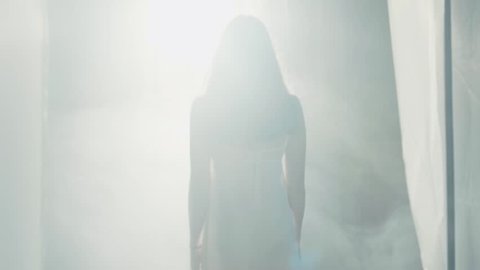 Seductive female silhouette in a white nighty walking to the bright sunlight, surrounded with fog or smoke. Wonder, miracle. Paranormal activity, mystery. Sun shining through the window