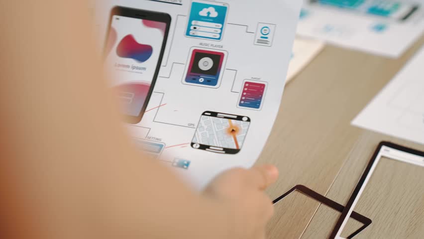 Panorama video of startup company employee planning on user interface prototype for mobile application or website in office. UX UI designer brainstorm designing user friendly interface plan. Synergic Royalty-Free Stock Footage #3486015359