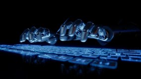 Dynamic Close-up of Hands of Humanoid Robot Typing on Futuristic Touch Keyboard. Humanoid Robot Quickly Programming on Glass Keyboard. Concept: Artificial Intelligence Assistant Writing Text - Powered by Shutterstock - Get 15% off with code: PIKWIZARD15