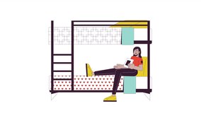 Indian woman with book sitting on bunkbed line 2D character animation. Female on bunk bed flat color cartoon 4K video, alpha channel. Student girl in dorm nodding animated person on white background