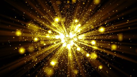 Abstract golden background with sparks and rays of light come from center. Seamless loop. 