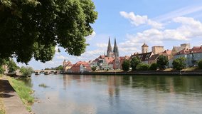 Panoramic view of Historical Stone Bridge and Bridge tower in Regensburg on river Danube, Regensburg, Bavaria, Germany. Taken from hand
