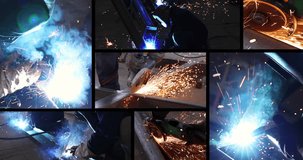 Steel workers welding and grinding metal construction in metal industry, montage several video footages in split screen. Lots of sparks in the factory,slow motion and real time on the black background