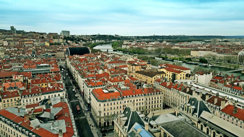 Aerial view of Lyon, France. Rue de la Republique view towards City Hall and Opera de Lyon buildings Royalty-Free Stock Footage #3486160545