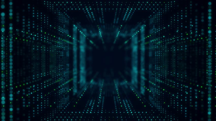 Technology wireframe square tunnel on dark background. Futuristic 3D wormhole grid. Digital dynamic wave. 3d rendering.