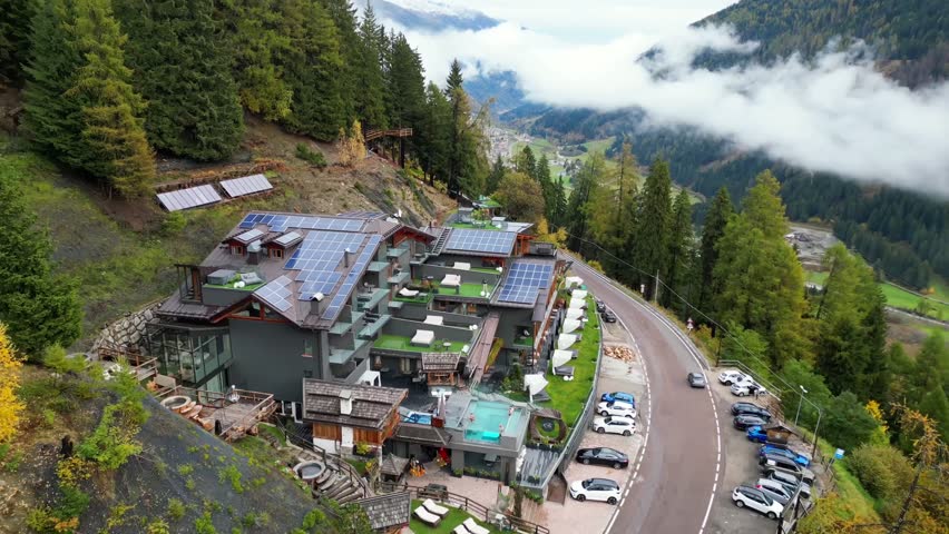 Dolomites, Italy, Wooden lake house at Lago Di Braies (Lake Braies) 