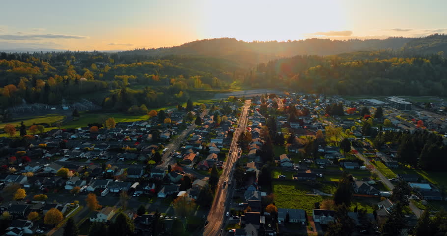 Beautiful countryside nearby Castle Rock city in Washington State, USA. Amazing sunset above the rural area and spectacular nature. Top view.