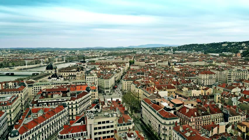 Aerial shot of Rue and Place de la Republique in the center of Lyon, France Royalty-Free Stock Footage #3486474833