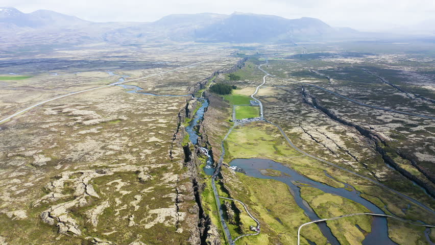 Aerial view of the amazing break between tectonic plates in the Thingvellir National Park, Iceland.