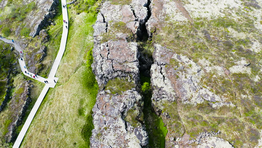 Aerial view of the amazing break between tectonic plates in the Thingvellir National Park, Iceland.